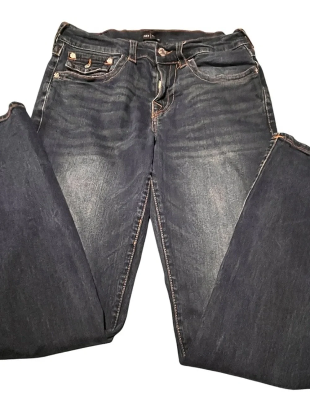 True Religion men’s Straight Leg Jeans in Dark Blue with Faded Detail